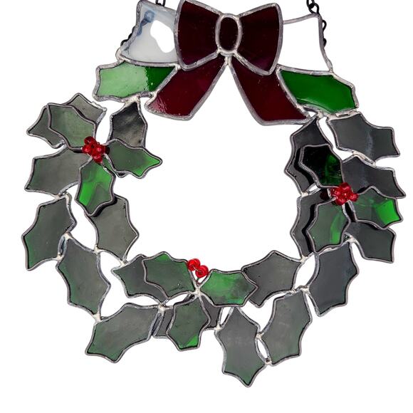 Handmade Vintage 12" Stained Glass Christmas Holiday Wreath Green/Red Decor - Picture 8 of 9